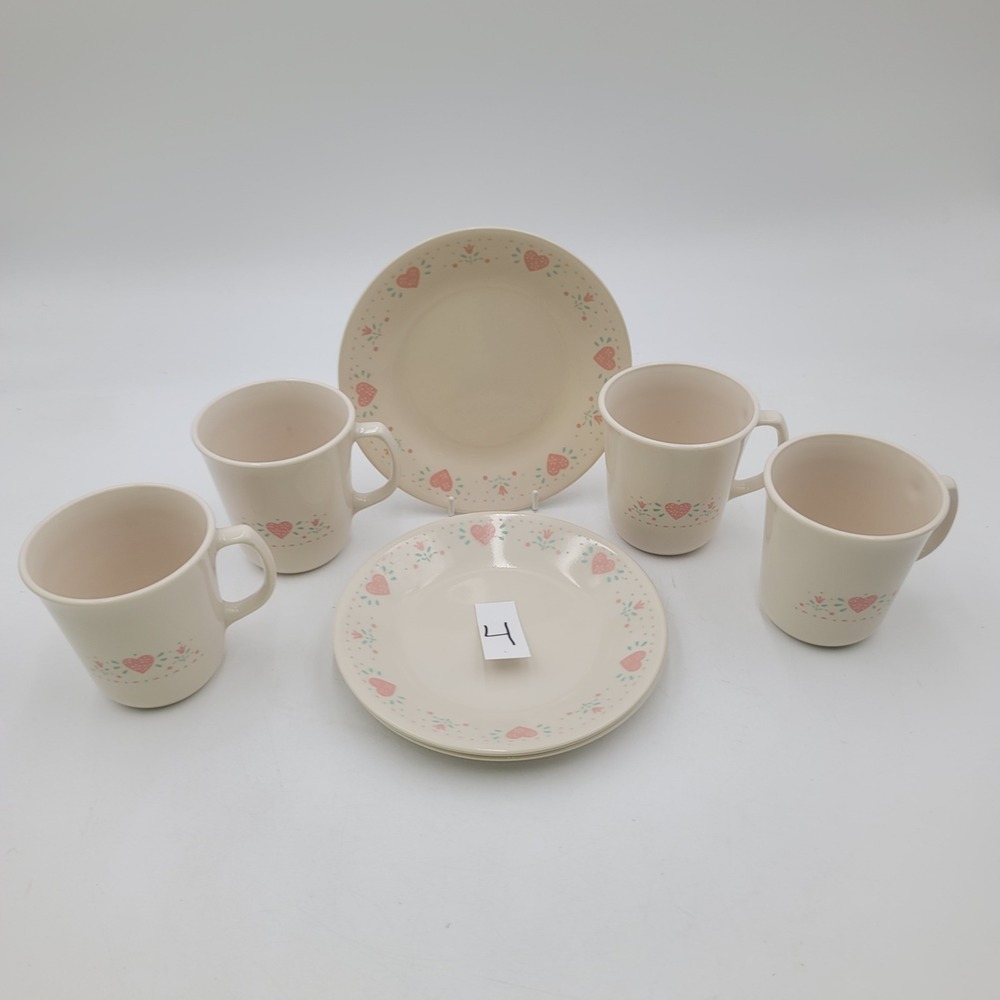 8pc Corelle Forever Yours Set 4 Mugs 4 Bread Plates Pink Hearts Vintage